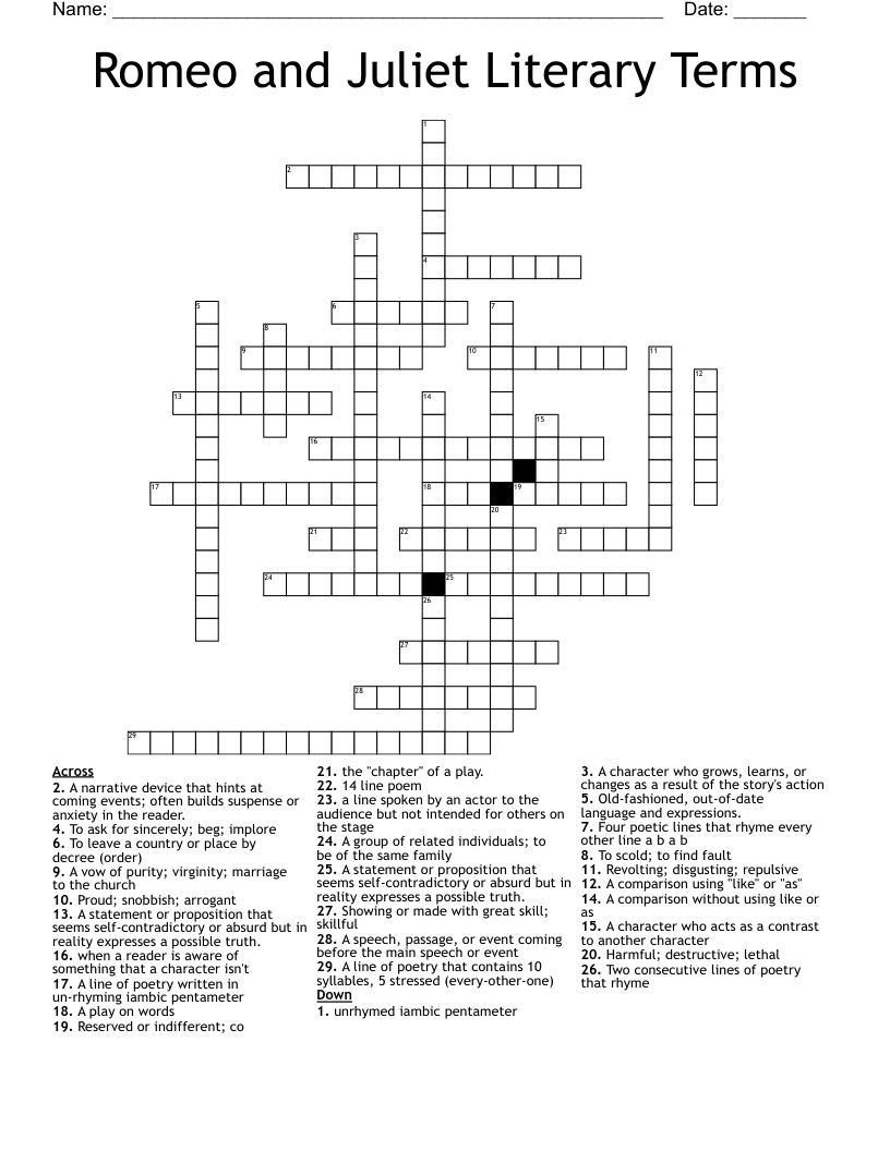 Romeo and Juliet Literary Terms Crossword