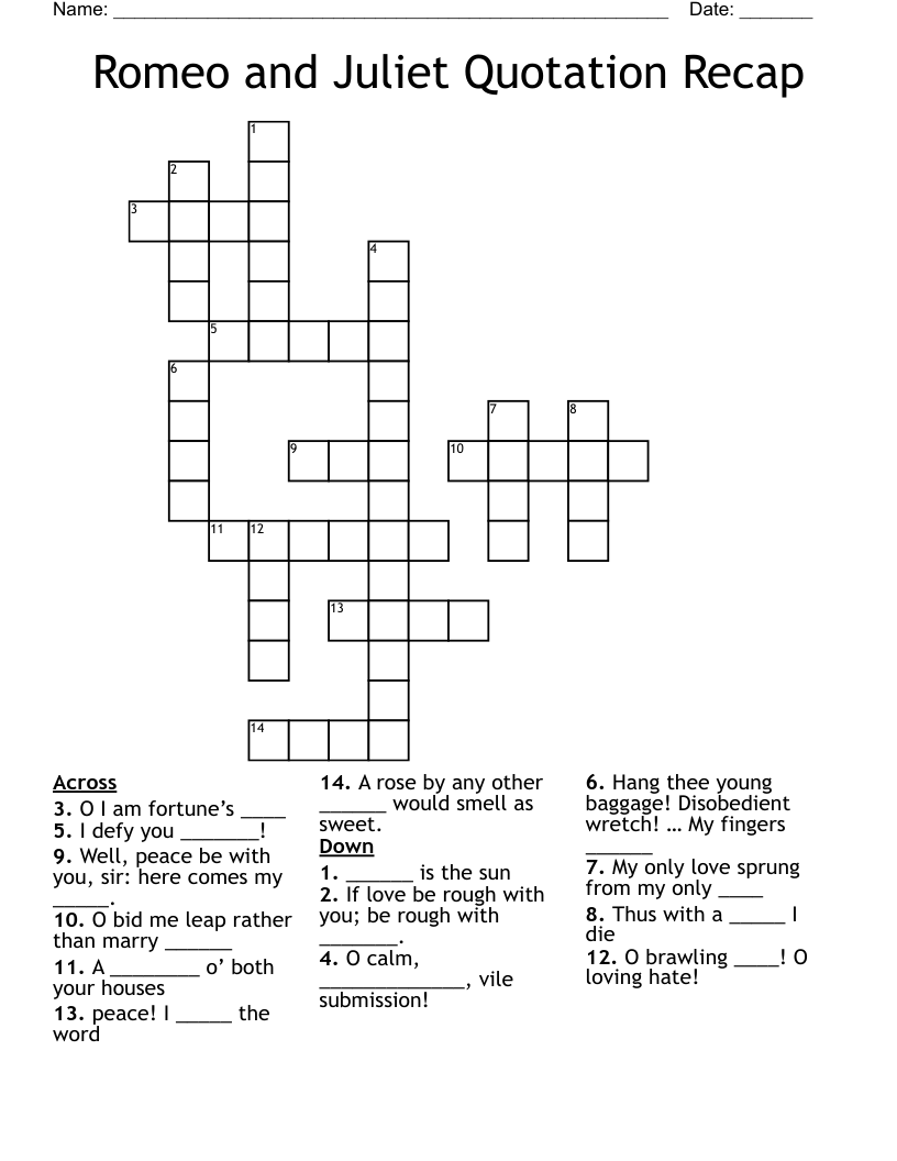 Romeo and Juliet Quotation Recap Crossword