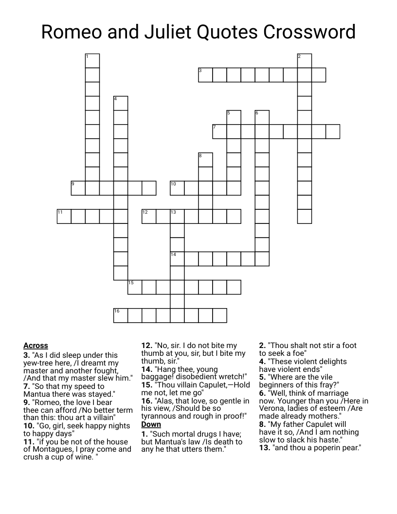 Romeo and Juliet Quotes Crossword
