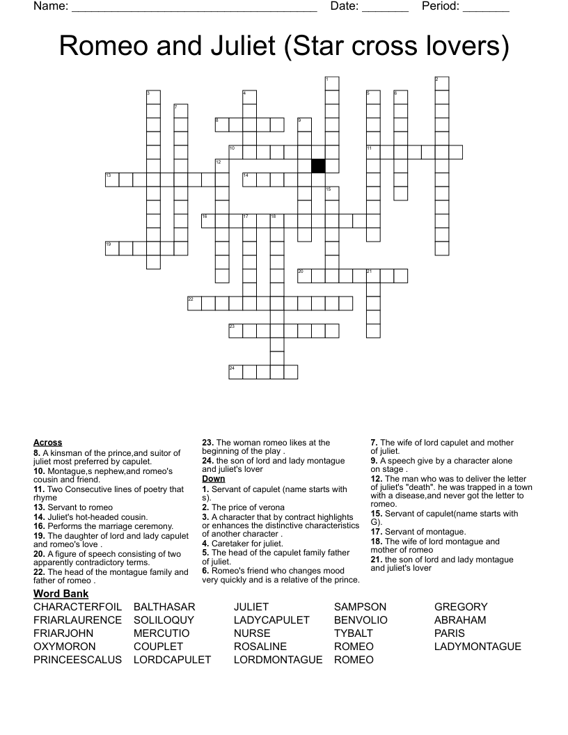 Romeo and Juliet (Star cross lovers) Crossword