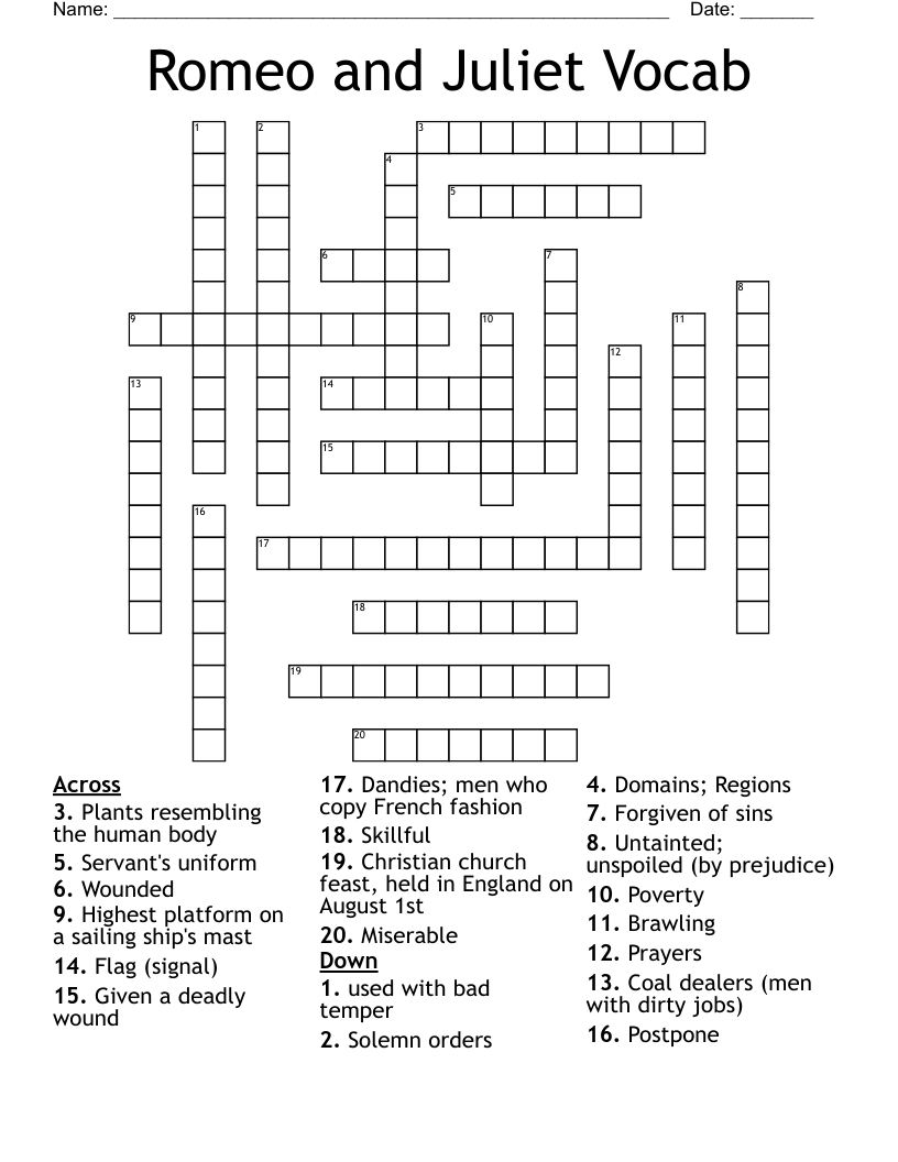 Romeo and Juliet Vocab Crossword