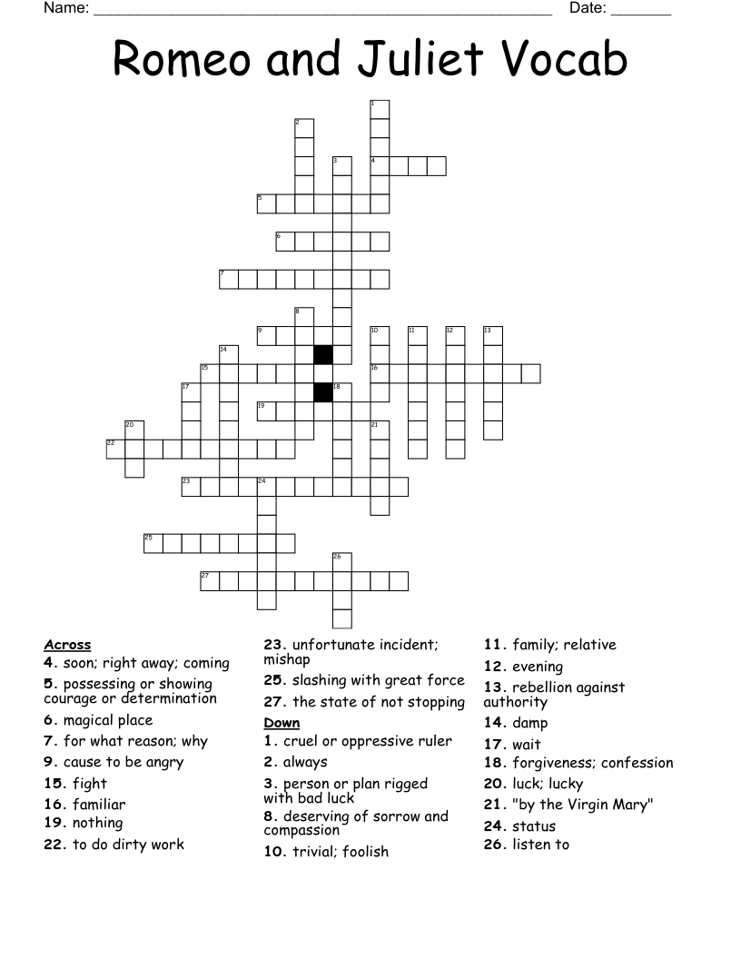 Romeo and Juliet Vocab Crossword