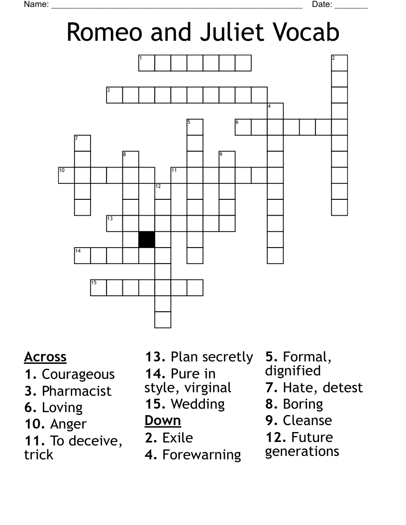 Romeo and Juliet Vocab Crossword