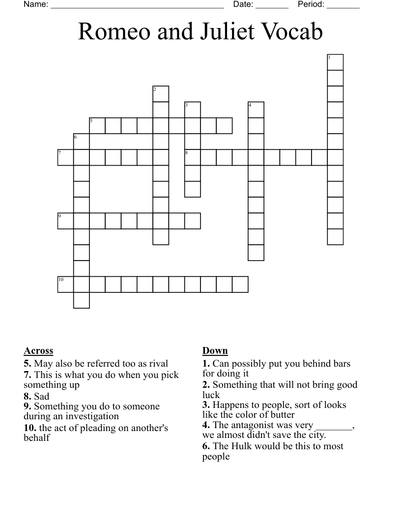 Romeo and Juliet Vocab Crossword