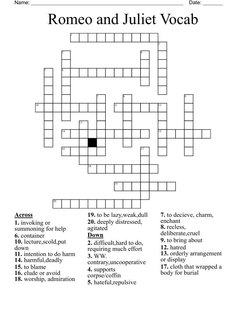 Romeo and Juliet Vocab Crossword