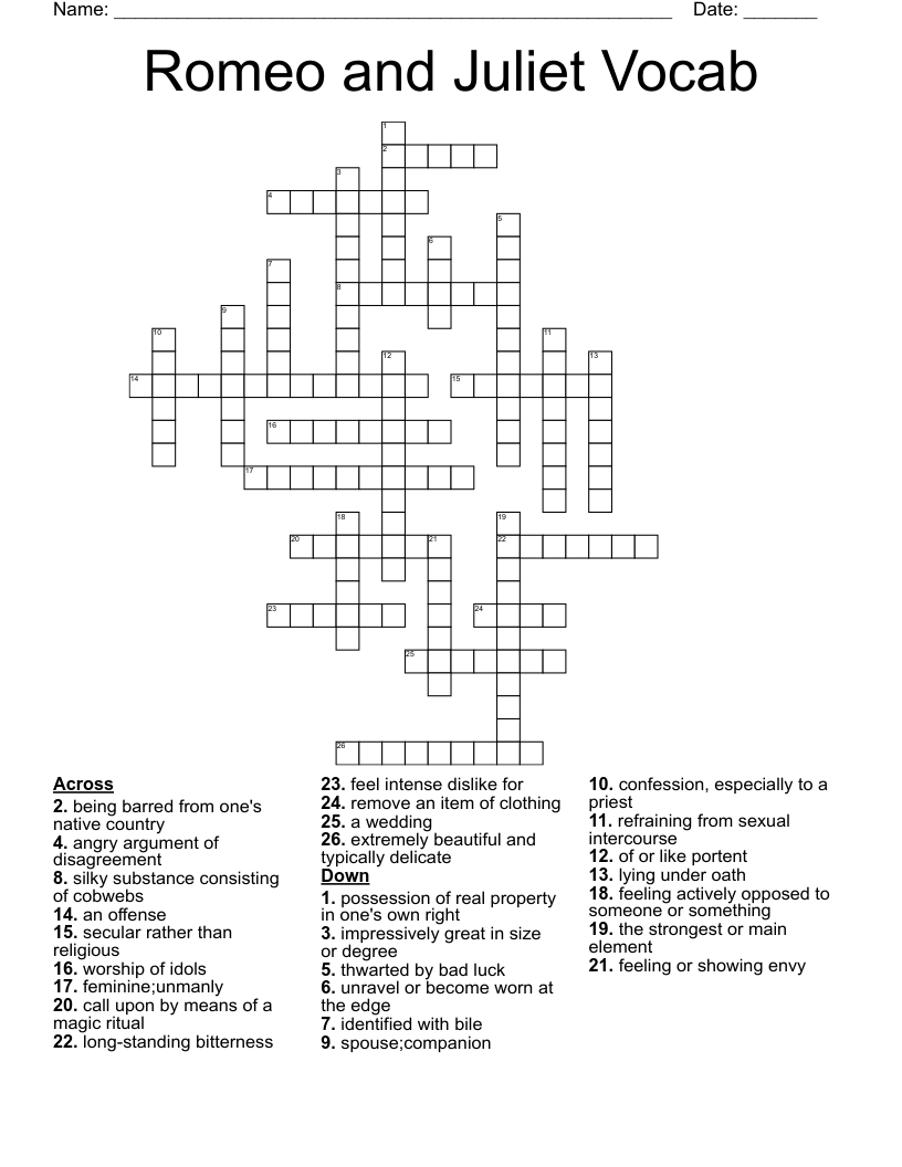 Romeo and Juliet Vocab Crossword