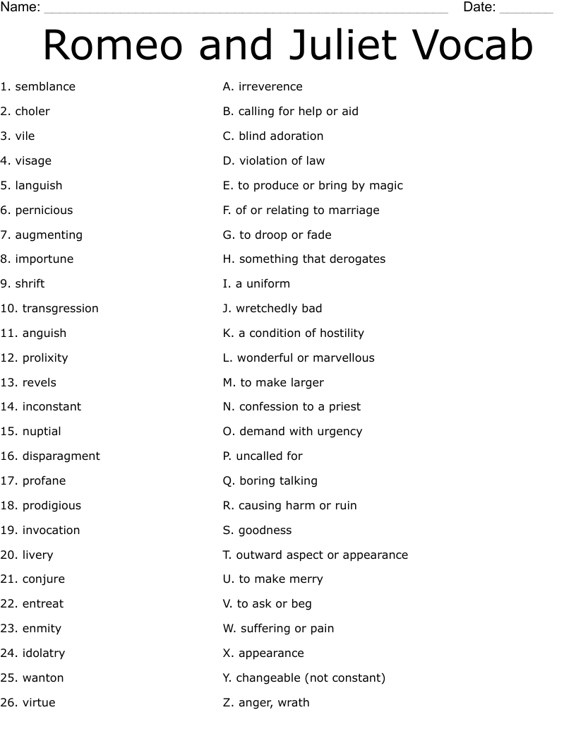 Romeo and Juliet Vocab Worksheet