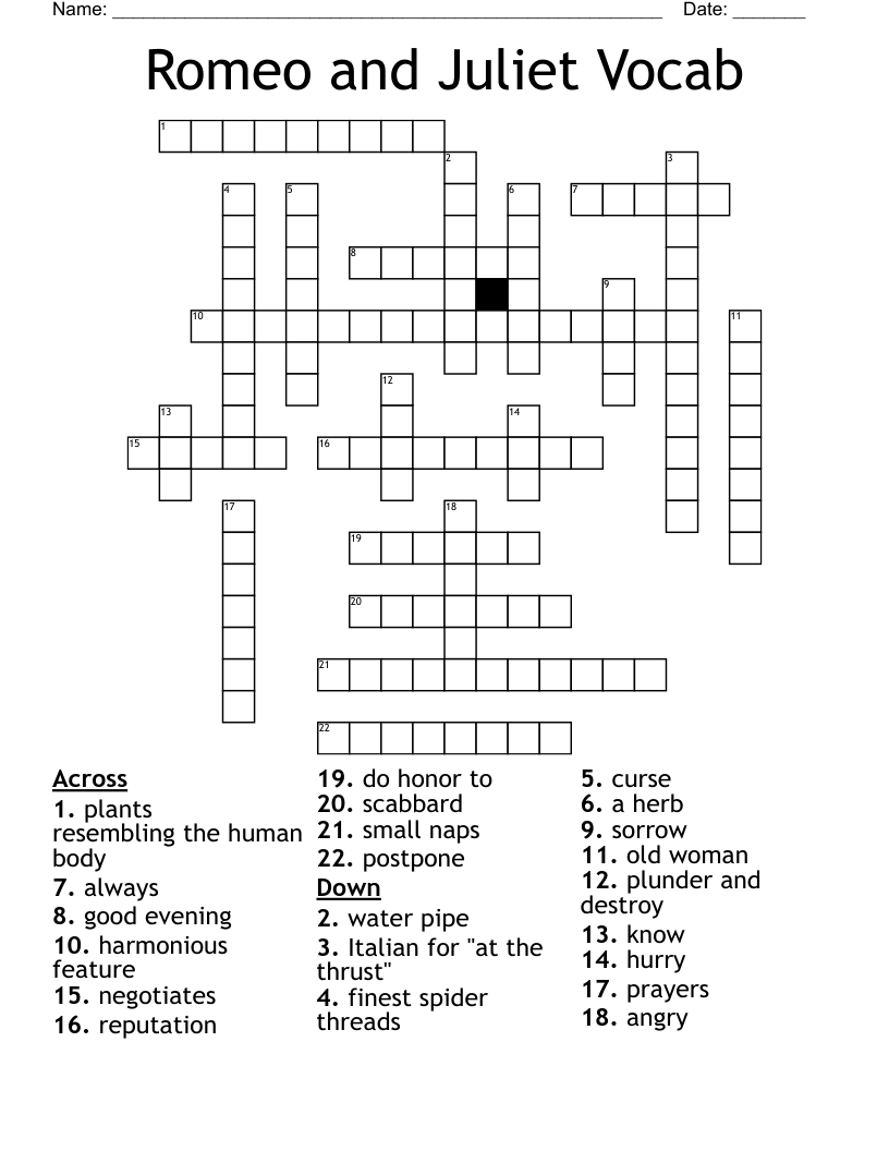 Romeo and Juliet Vocab Crossword
