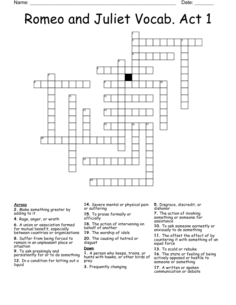 Romeo and Juliet Vocab. Act 1 Crossword