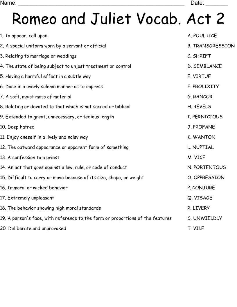 Romeo and Juliet Vocab. Act 2 Worksheet