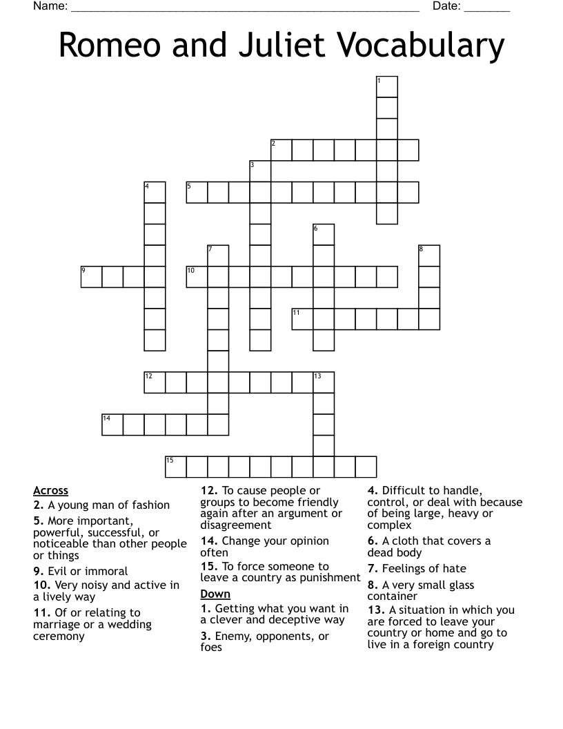 Romeo and Juliet Vocabulary Crossword