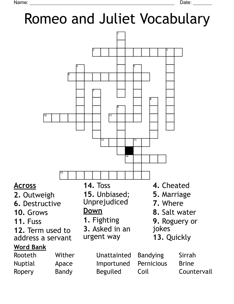 Romeo and Juliet Vocabulary Crossword