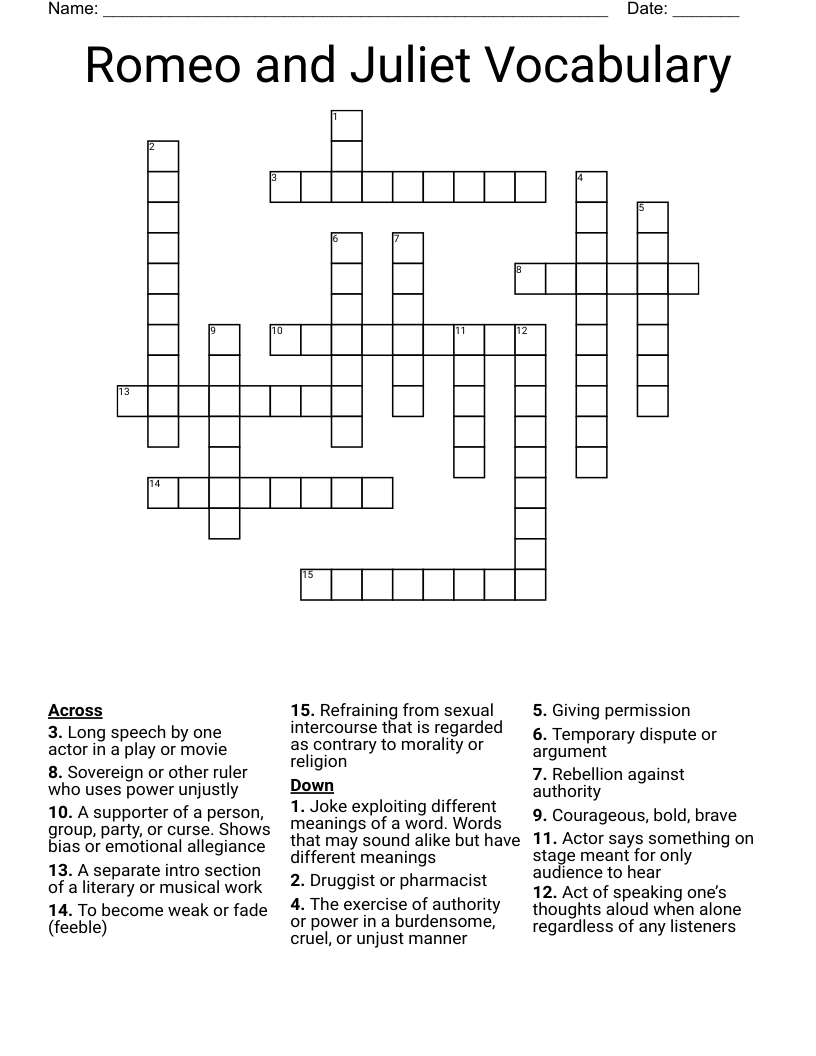 Romeo and Juliet Vocabulary Crossword