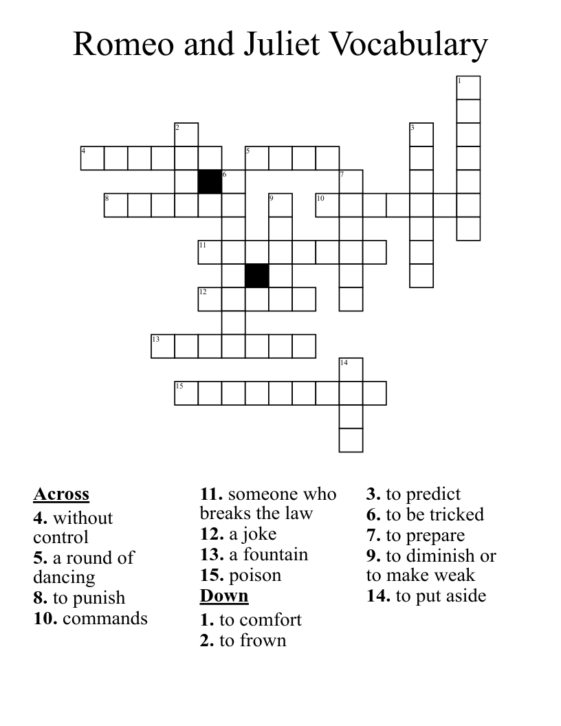 Romeo and Juliet Vocabulary Crossword
