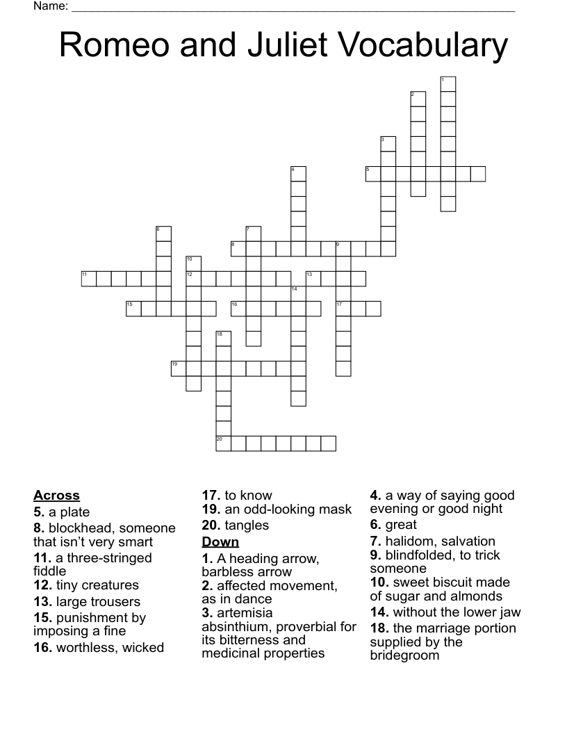 Romeo and Juliet Vocabulary Crossword