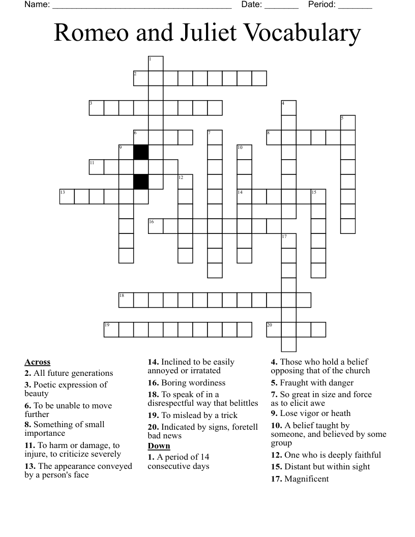 Romeo and Juliet Vocabulary Crossword