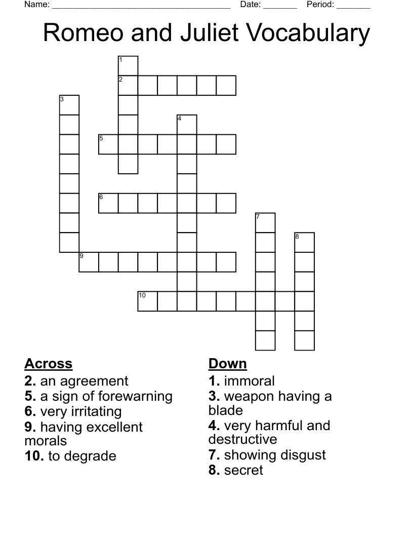 Romeo and Juliet Vocabulary Crossword
