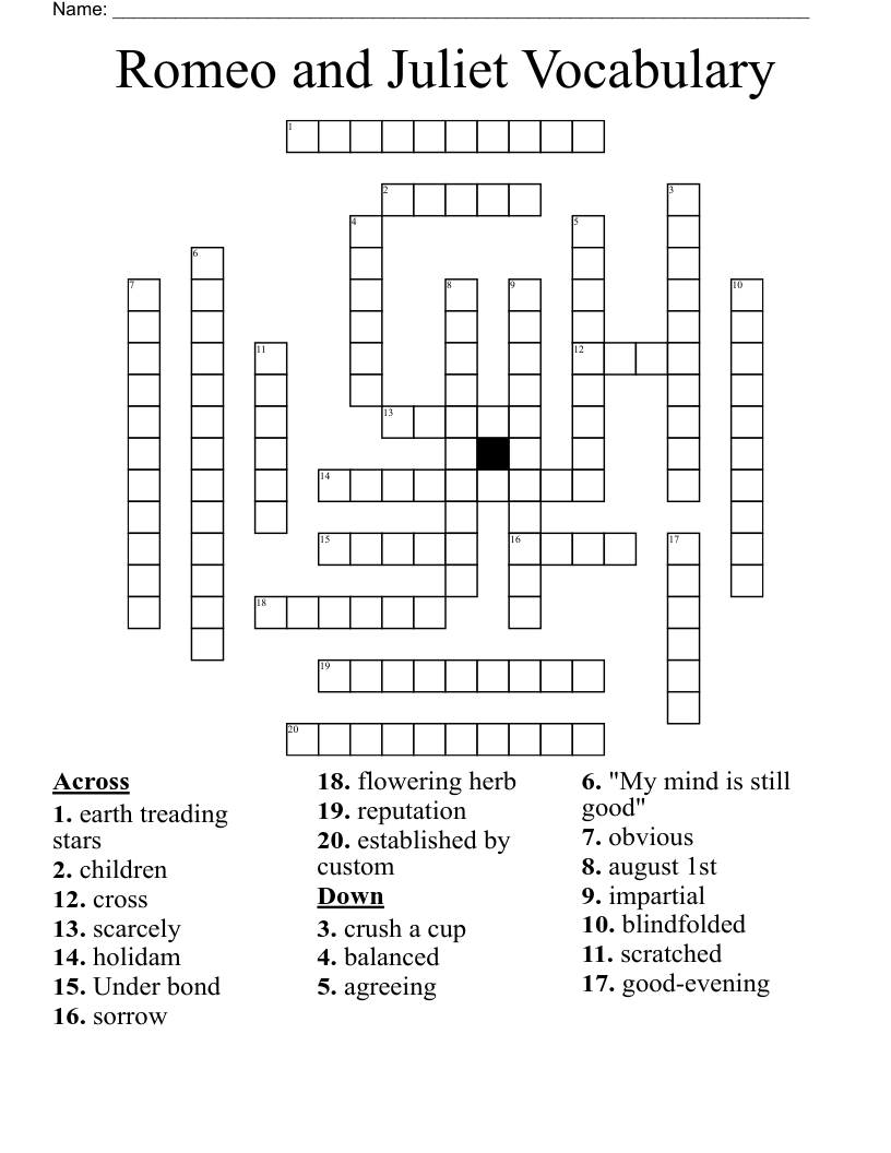 Romeo and Juliet Vocabulary Crossword