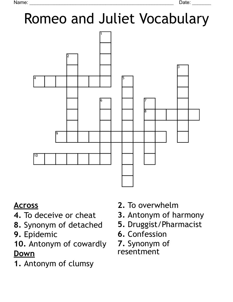 Romeo and Juliet Vocabulary Crossword