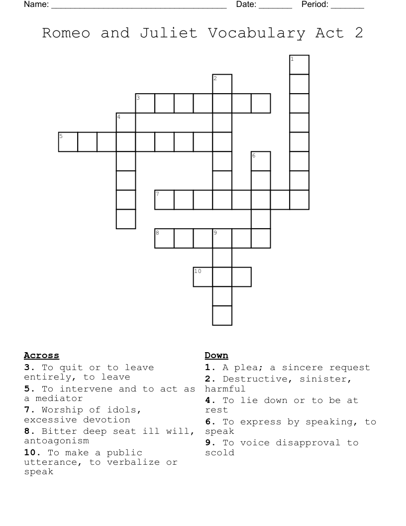 Romeo and Juliet Vocabulary Act 2 Crossword