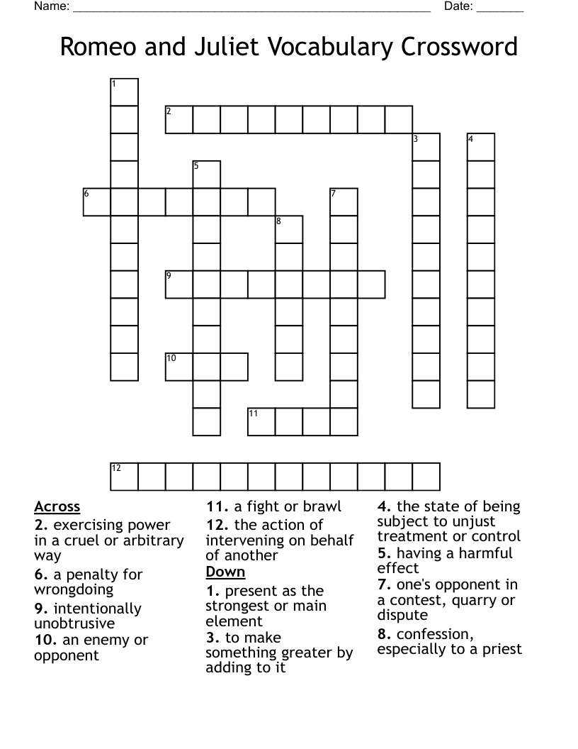 Romeo and Juliet Vocabulary Crossword