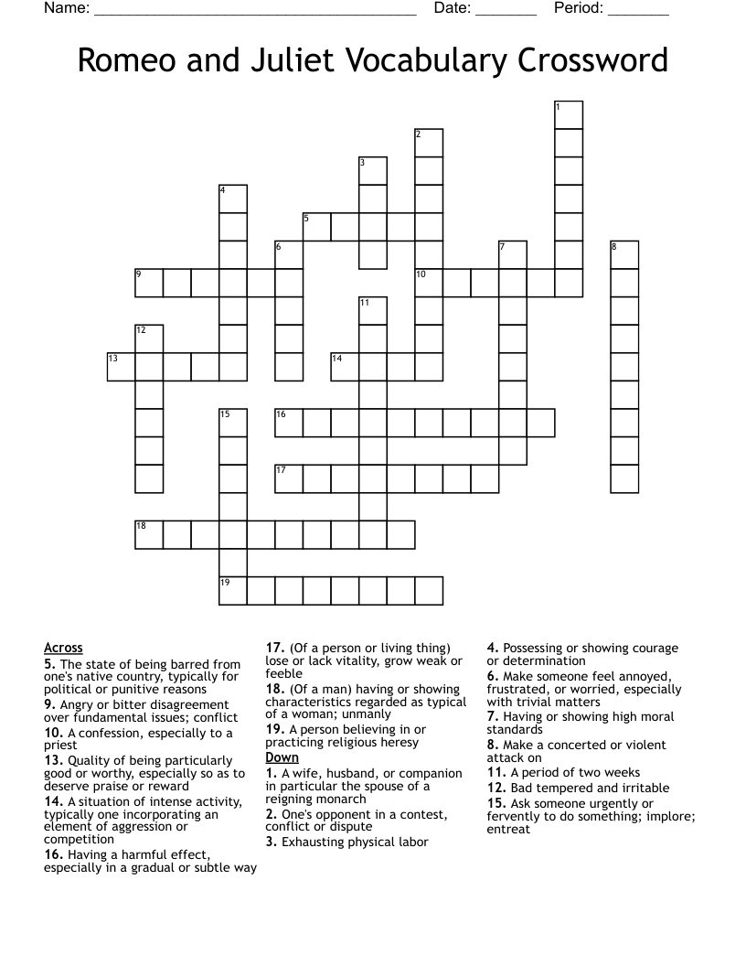 Romeo and Juliet Vocabulary Crossword