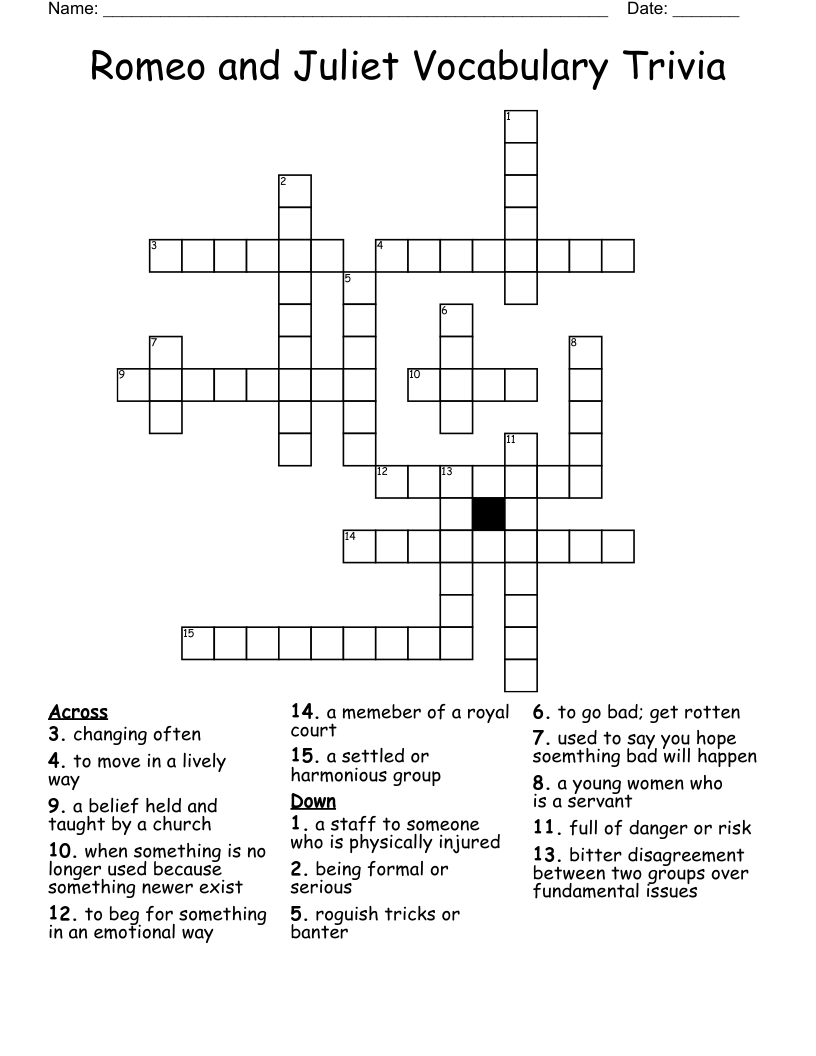 Romeo and Juliet Vocabulary Trivia  Crossword
