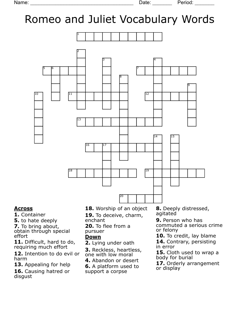 Romeo and Juliet Vocabulary Words Crossword