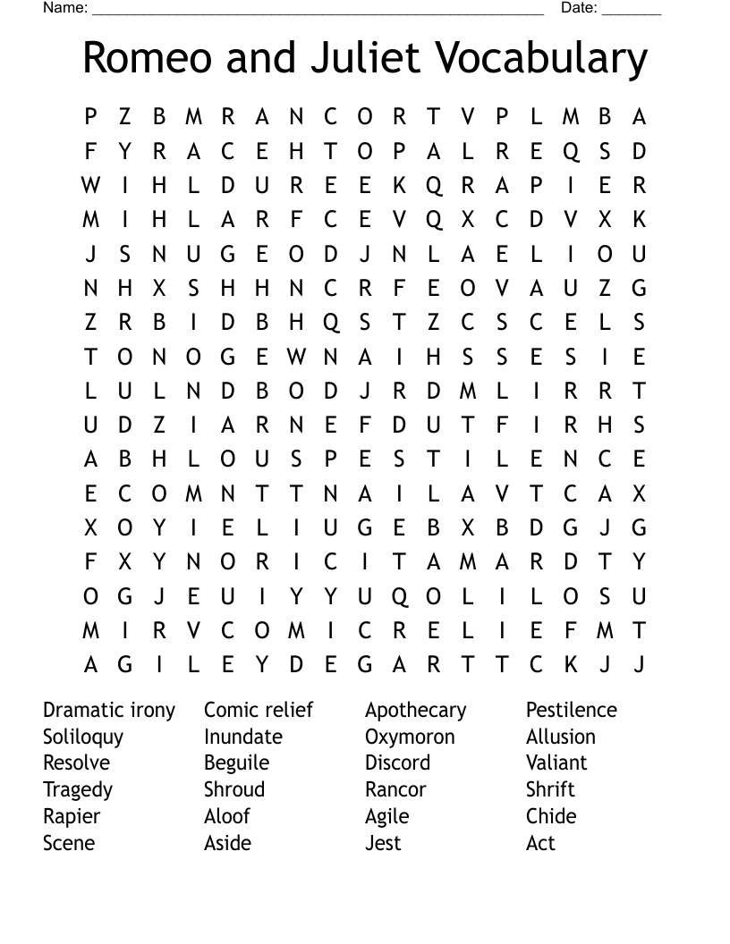 Romeo and Juliet Vocabulary  Word Search
