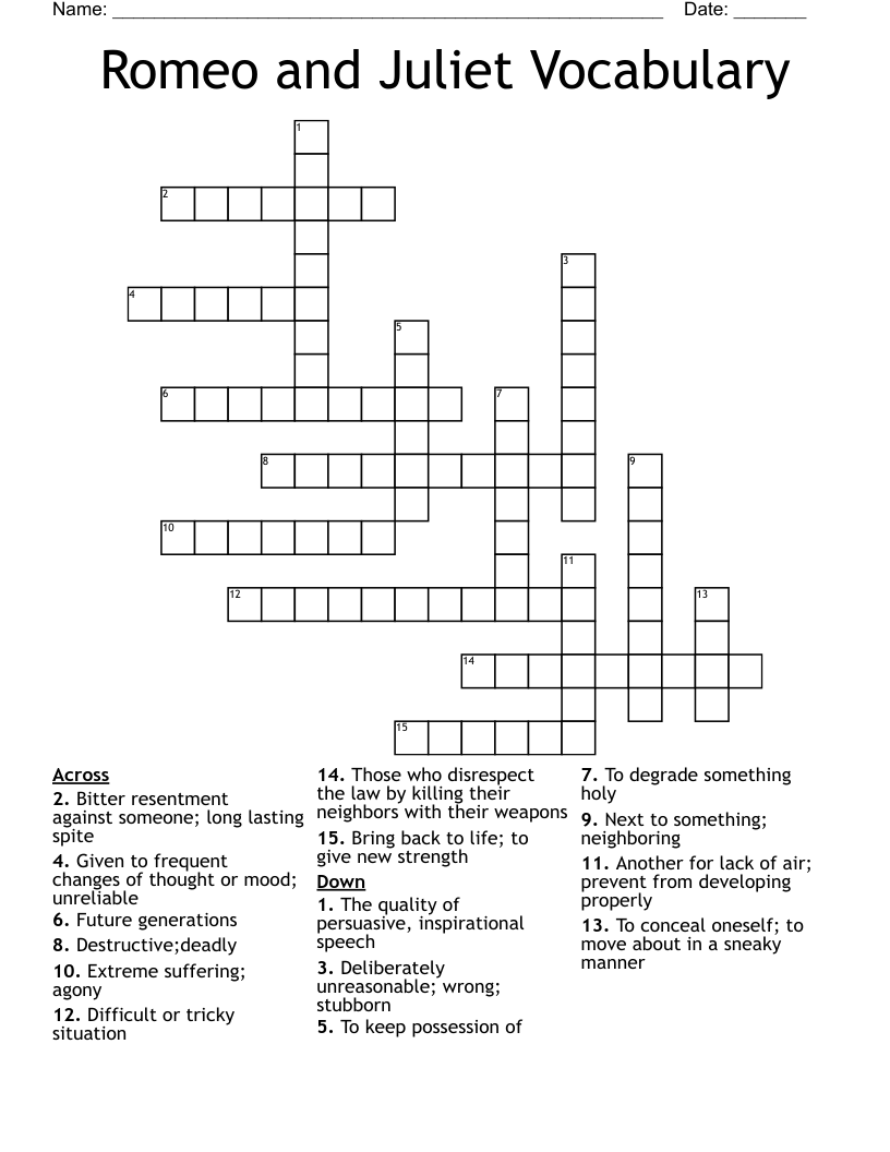 Romeo and Juliet Vocabulary  Crossword