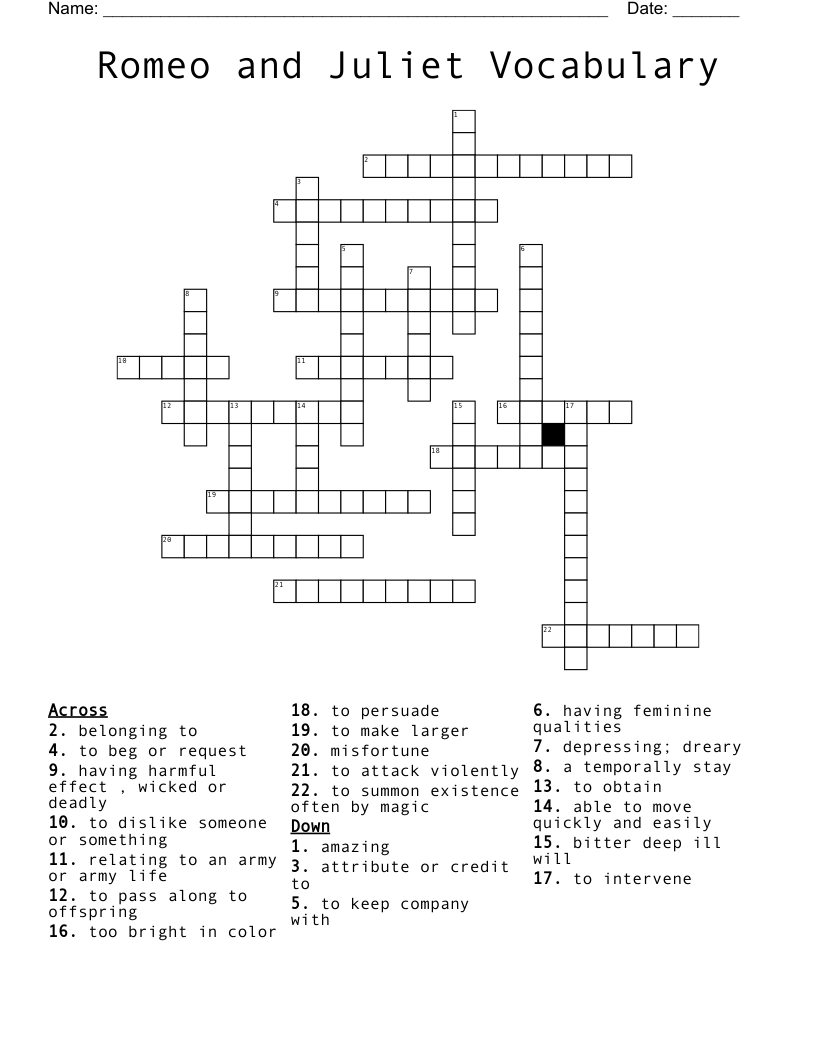Romeo and Juliet Vocabulary  Crossword
