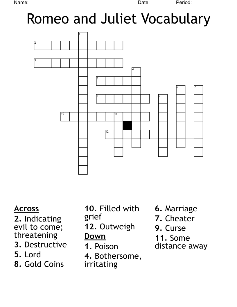 Romeo and Juliet Vocabulary  Crossword