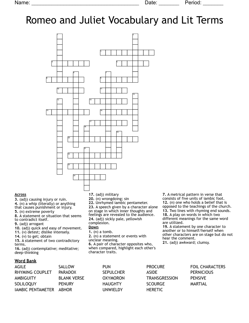 Romeo and Juliet Vocabulary and Lit Terms Crossword