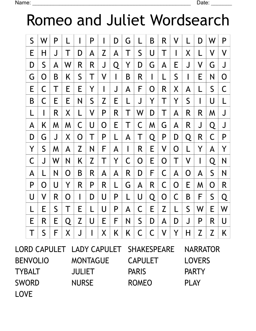 Romeo and Juliet Wordsearch