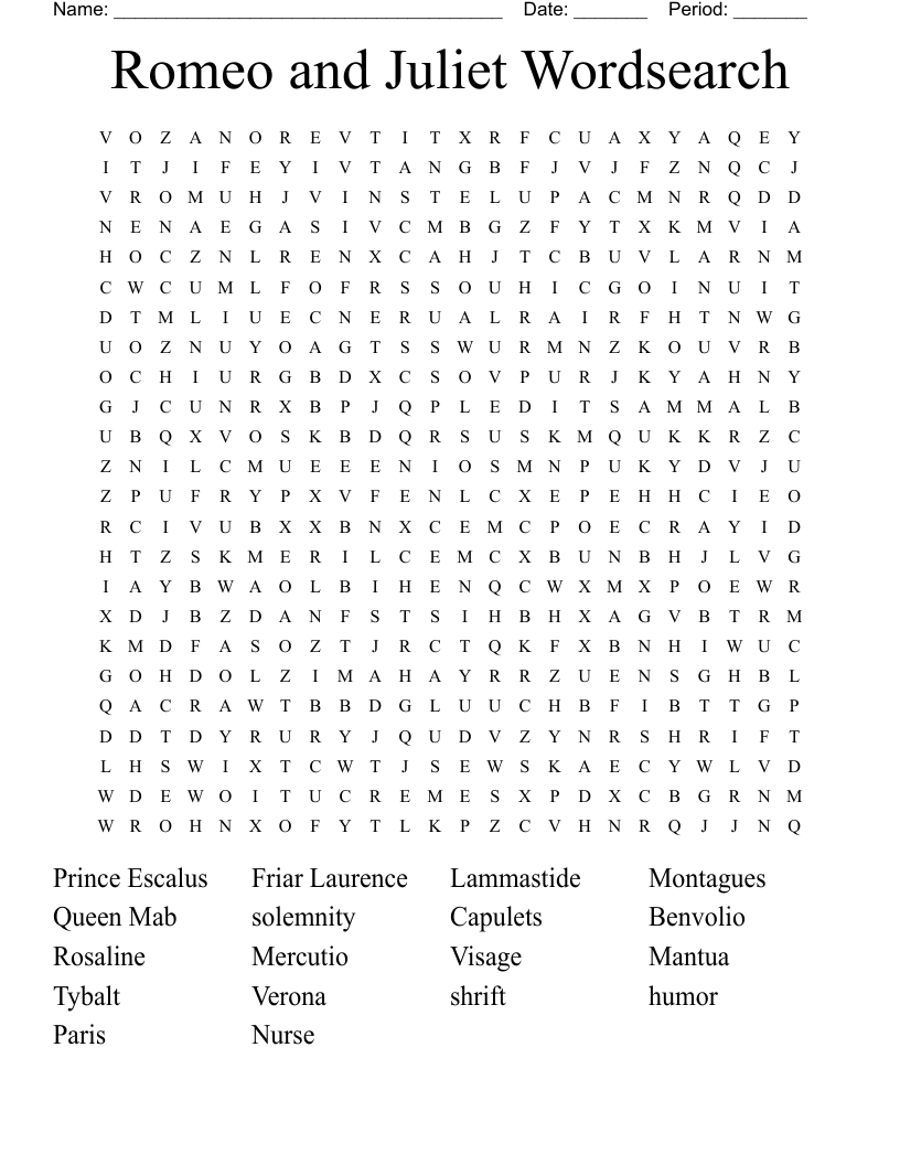 Romeo and Juliet Wordsearch