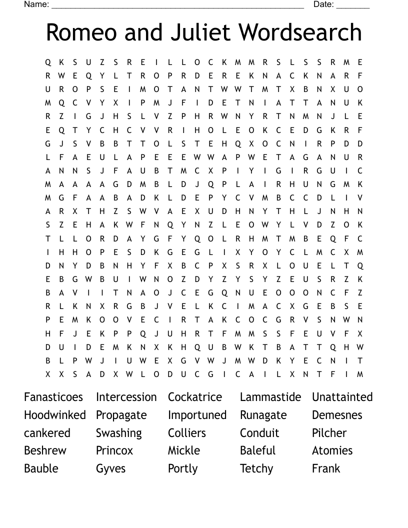 Romeo and Juliet Wordsearch 