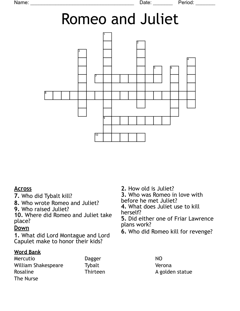 Romeo and Juliet  Crossword