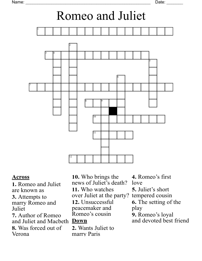 Romeo and Juliet  Crossword