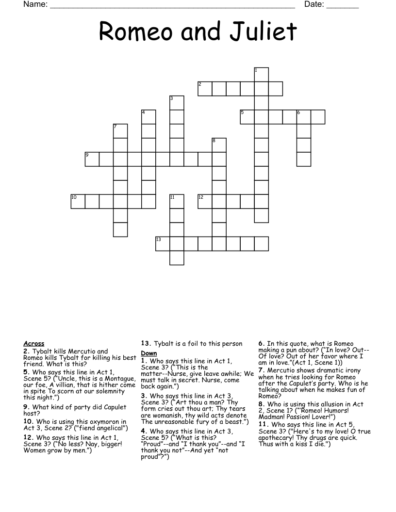 Romeo and Juliet  Crossword