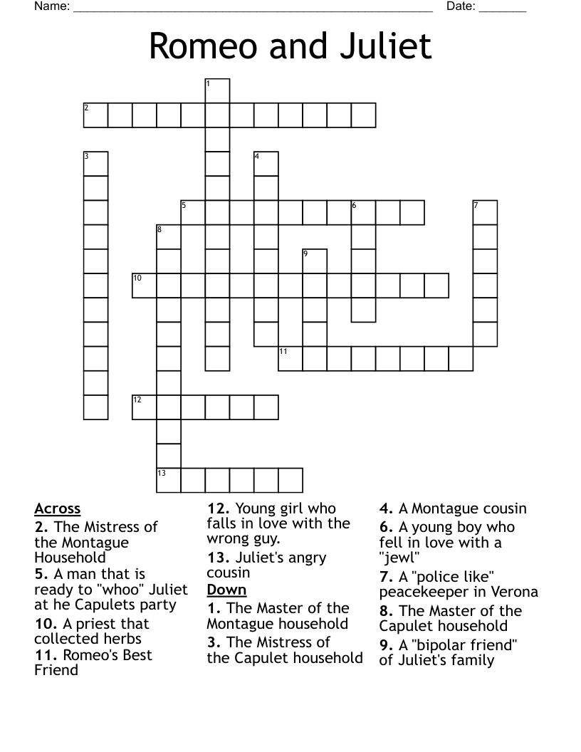 Romeo and Juliet  Crossword