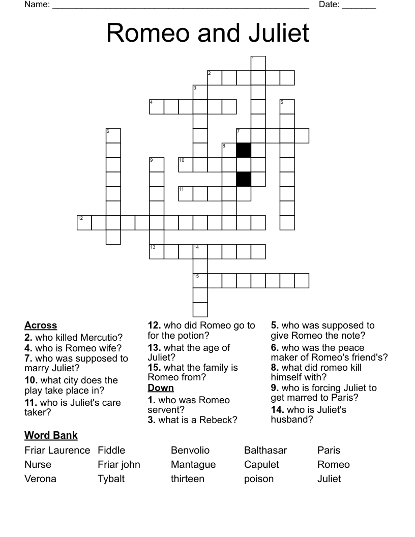 Romeo and Juliet  Crossword