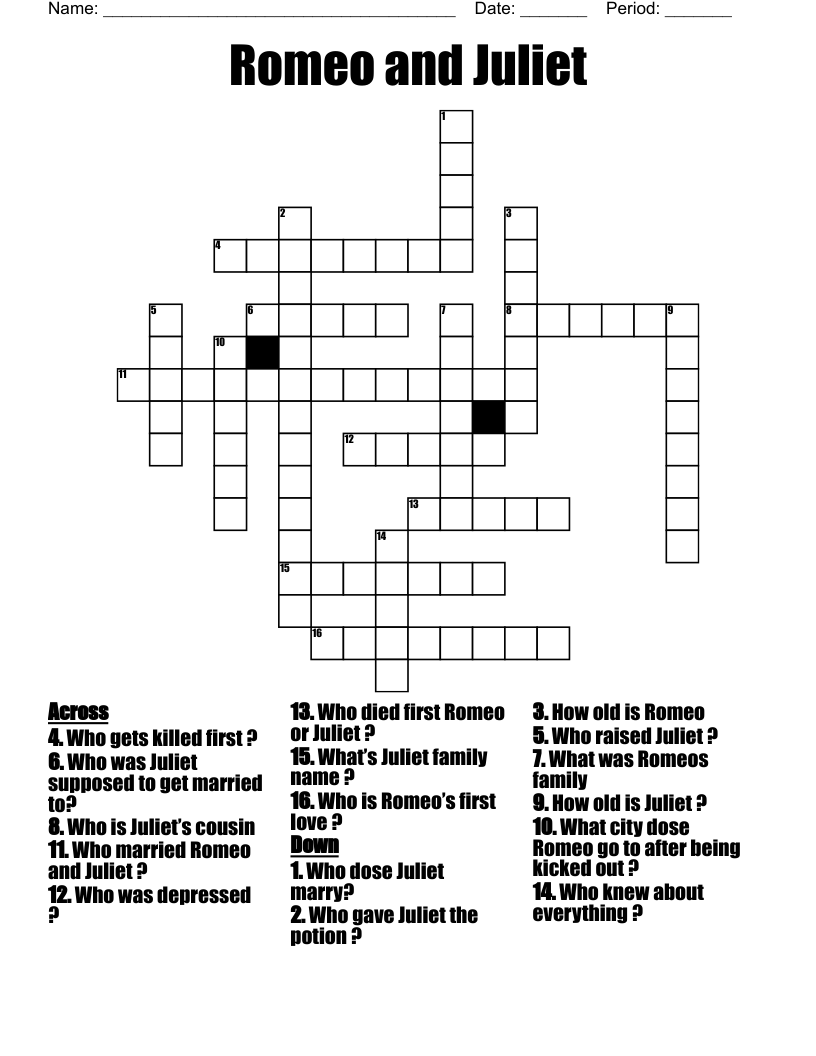 Romeo and Juliet  Crossword