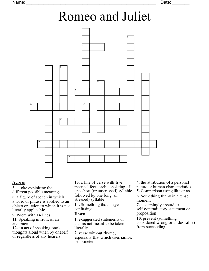 Romeo and Juliet  Crossword