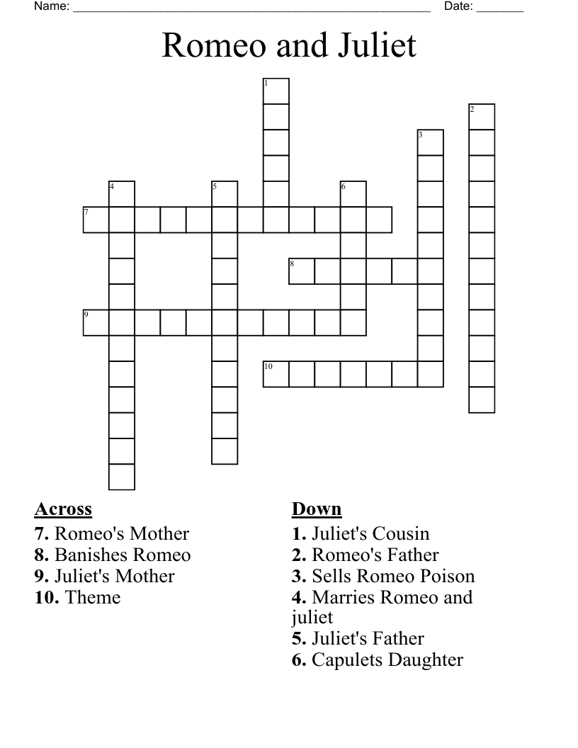 Romeo and Juliet  Crossword