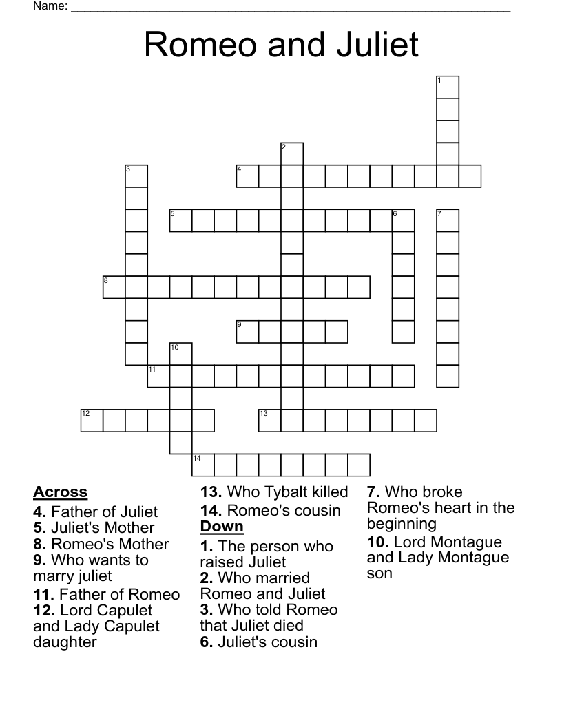 Romeo and Juliet  Crossword