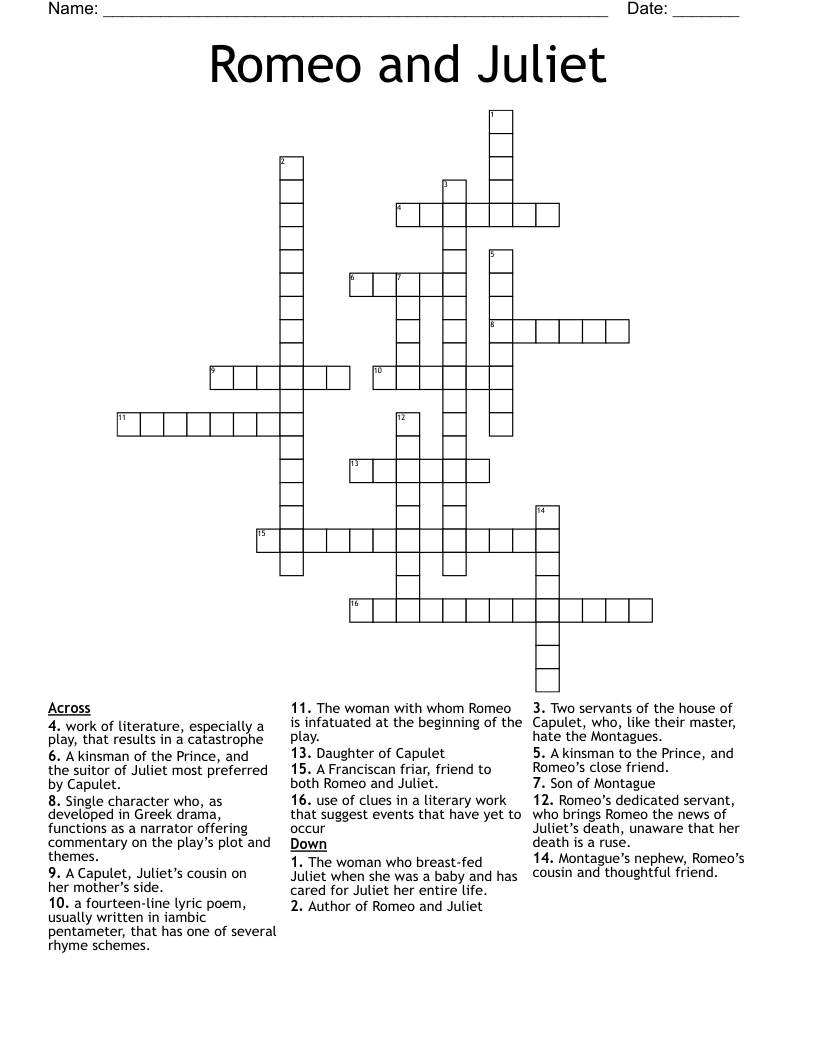 Romeo and Juliet  Crossword