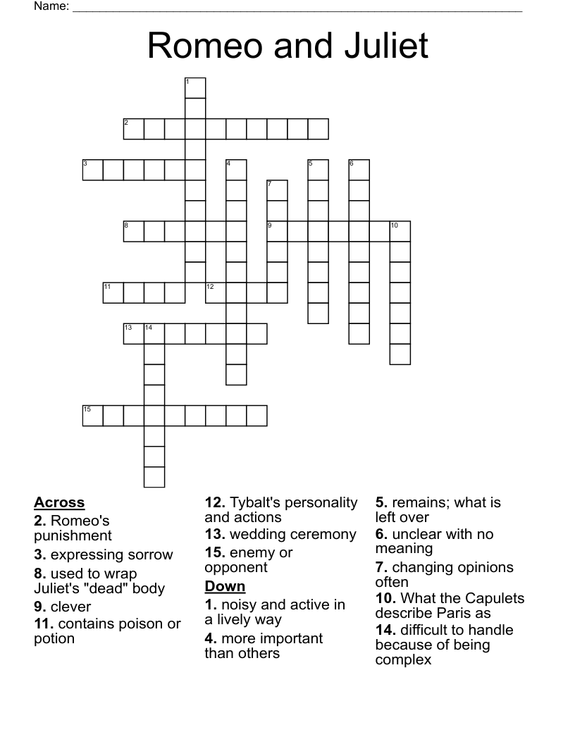 Romeo and Juliet  Crossword