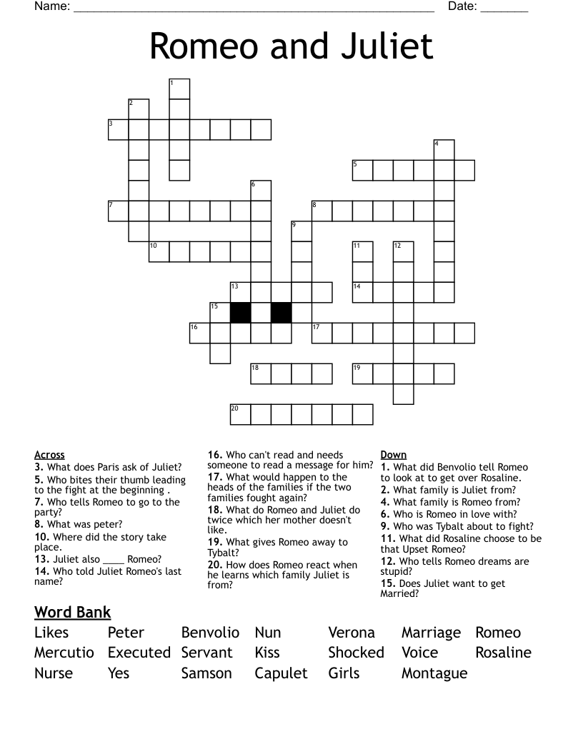 Romeo and Juliet  Crossword