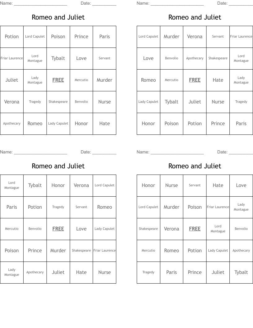 Romeo and Juliet  Bingo Cards