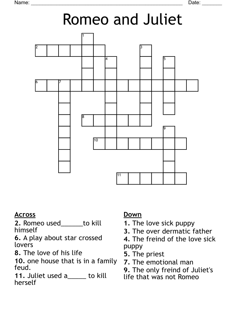 Romeo and Juliet  Crossword